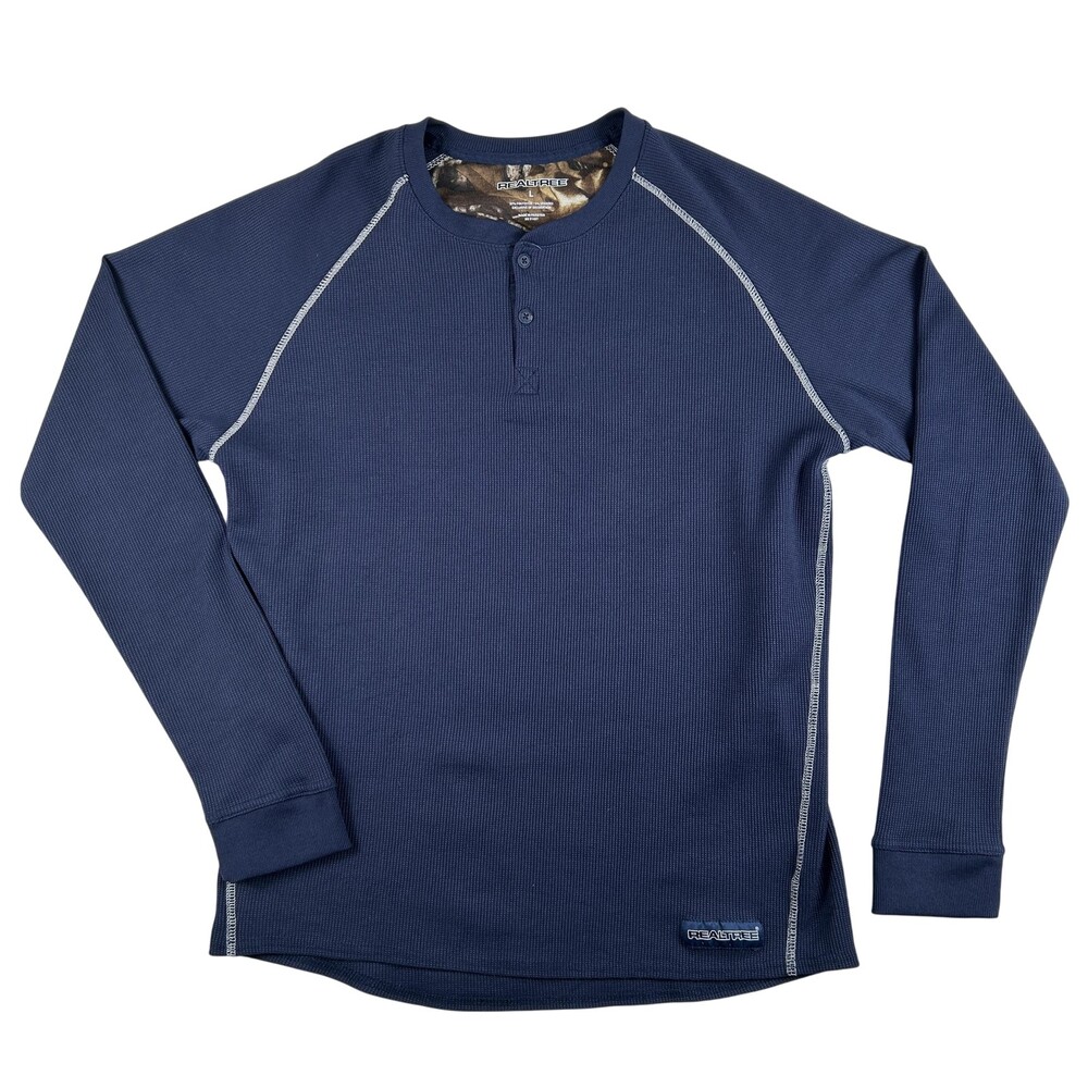 Realtree Shirt Mens Large Blue Thermal Henley Long Sleeve Hunting Base Layer